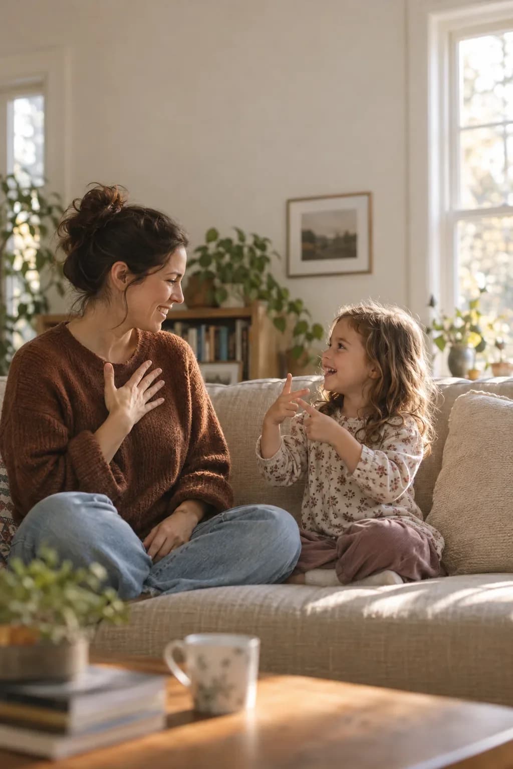 A mother and her daughter signing to each other on the sofa